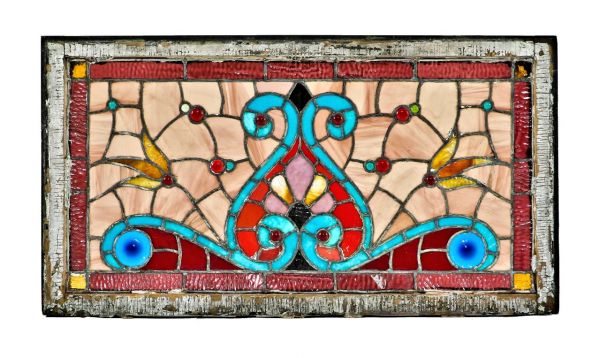 exceptional and intact all original 19th century salvaged chicago vibrantly colored american antique stained glass residential transom window with original painted wood sash frame