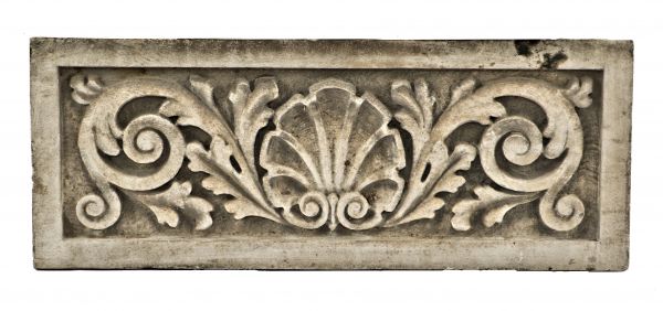 early 20th century original heavily carved antique american ornamental salvaged chicago bedford limestone exterior wrigleyville apartment building facade plaque with age appropriate wear
