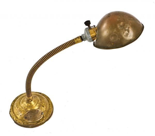 early 20th century original antique american industrial faries portable gooseneck arm table lamp with nicely aged rolled rim stamped brass dome-shaped reflector 
