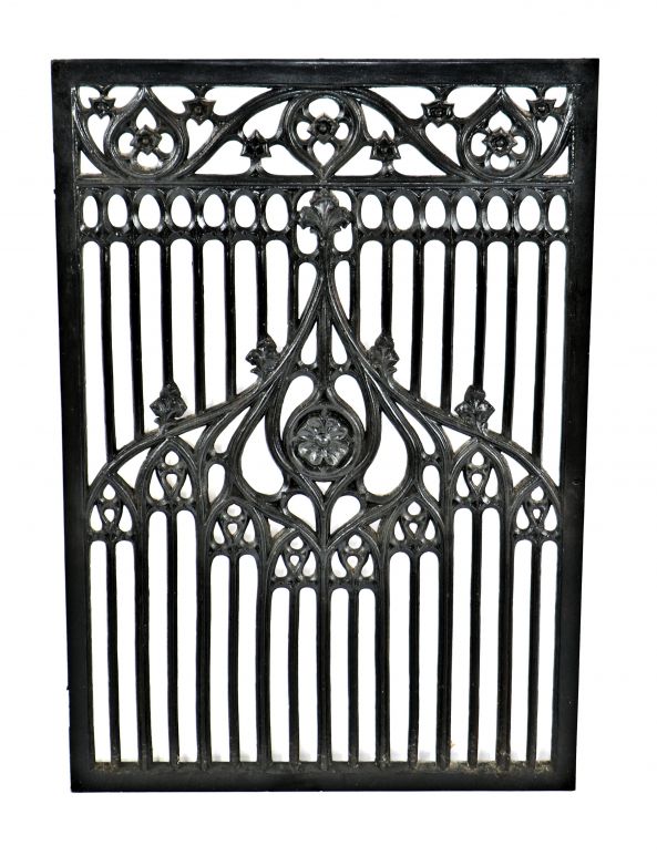 turn of the century exceptional interior hammond masonic temple ornamental black enameled gothic revival cast iron teller booth perforated grille 