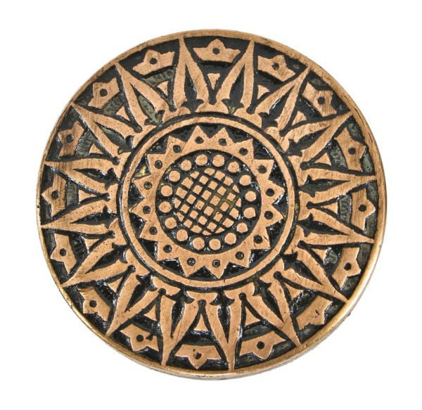 19th century original antique american ornamental cast bronze interior residential "compass rose" pattern interior residential drum-shaped doorknob with black enameled inlay