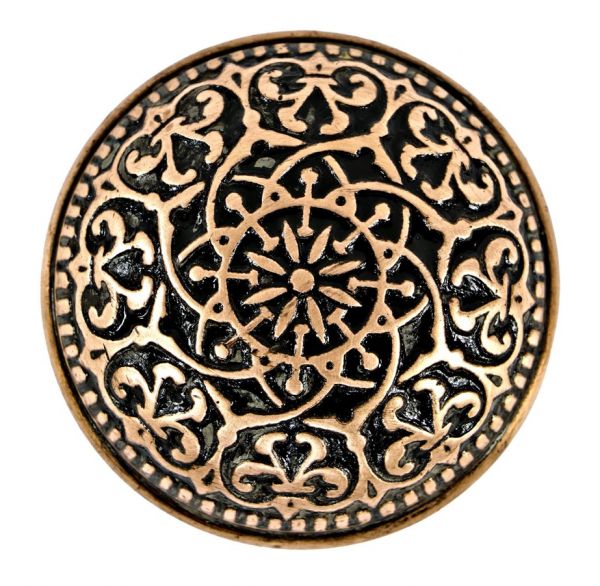 late 1870's or early 1880's antique american ornamental intricately designed banded rim cast bronze salvaged chicago dome-shaped doorknob with black enameled inlay