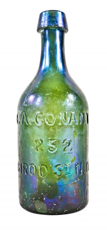 very rare and attractive intact antique c. 1850-1854 heavily irridized dark green glass pontiled soda style bottle fabricated for new orleans bottler frederick augustus conant