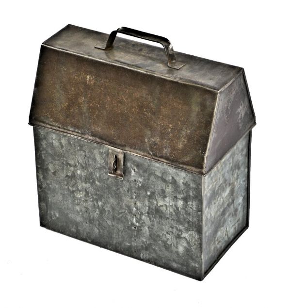 intact medium-sized c. 1930's american industrial folded and pressed galvanized steel hinged toolbox with unique pyramidal-shaped top containing a fixed handle