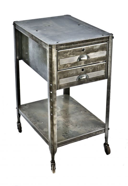 mid-1950's all original and intact pressed and folded steel four-legged lyon factory machine shop cart with single undershelf and a uniform brushed metal finish 