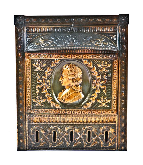 very clean and well-maintained late 19th or early 20th century antique american ornamental copper-plated stamped steel figural dawson fireplace gas insert