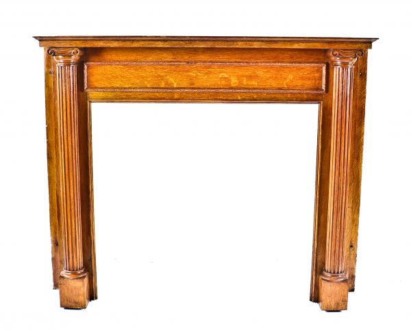 wonderfully maintained all original golden oak wood interior residential two-flat salvaged chicago fireplace half mantel with solid fluted columns and ionic capitals