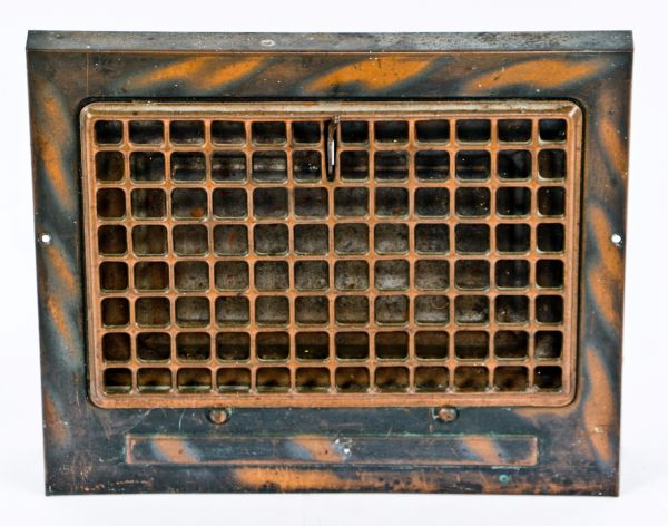 all original and highly desirable turn of the century oxidized copper-plated pressed and folded steel interior residential salvaged chicago baseboard register or grate