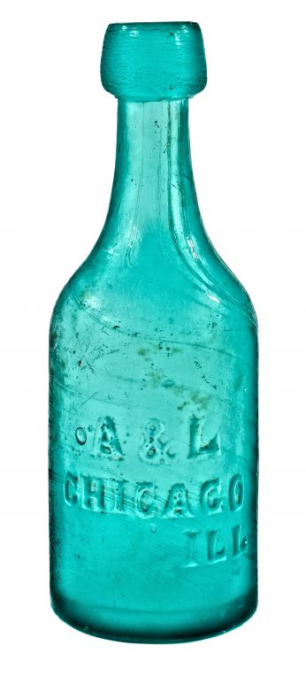 single hard to find and completely intact dug mid-nineteenth century vibrant teal or aqua blue glass soda bottle manufactured for chicago bottlers ainsworth & lomax
