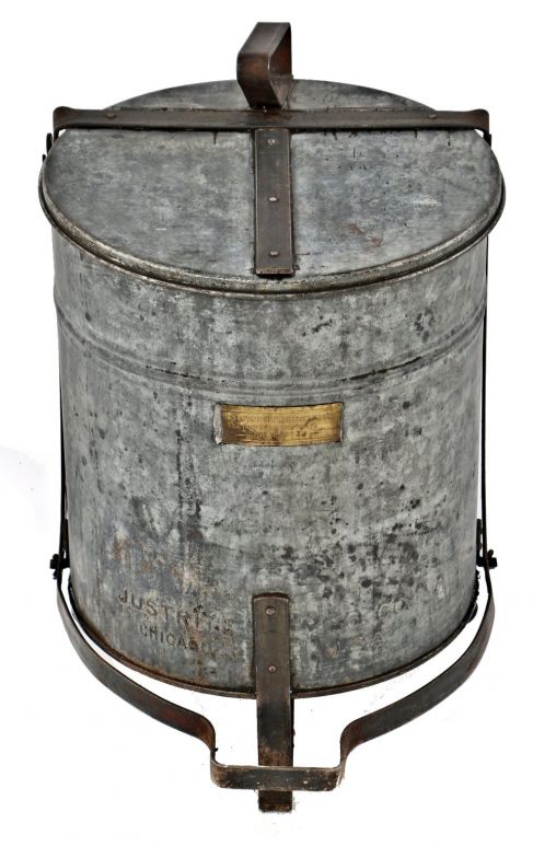 original c. 1920's antique american industrial robust galvanized steel riveted joint factory floor oily rag waste can with fully functional foot-operated lever 