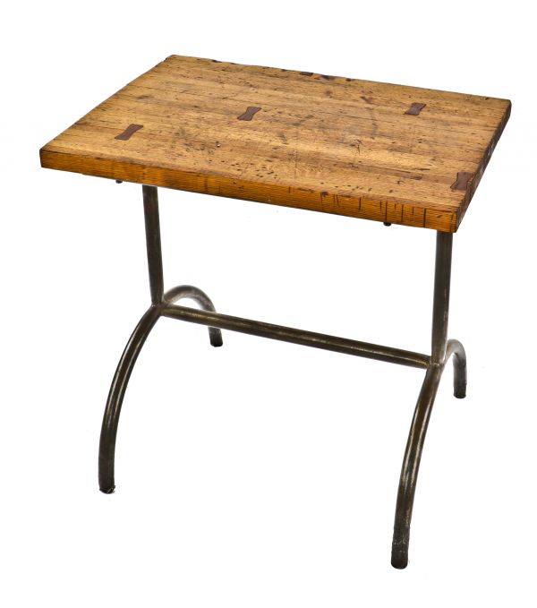 unusual c. 1930's antique american industrial custom-built welded joint tubular steel work table with solid oak wood top containing walnut wood "bowtie" joints"