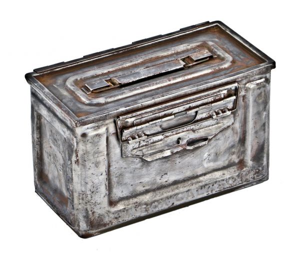 very clean and compacy vintage american industrial portable heavy gauge steel military ammunition box with uniform brushed metal finish 