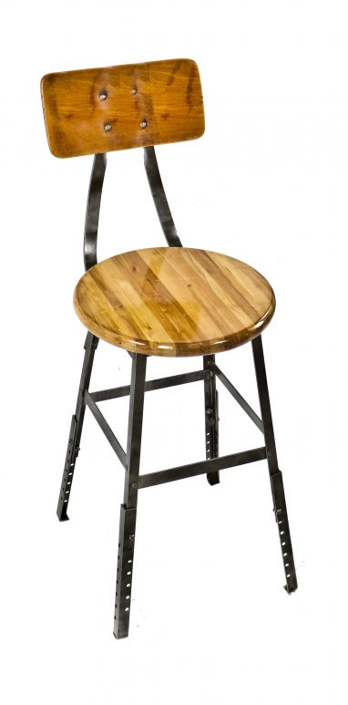 refinished adjustable height american vintage industrial salvaged chicago "pollard" factory workbench stationary stool with removable leg extensions and maple wood seat