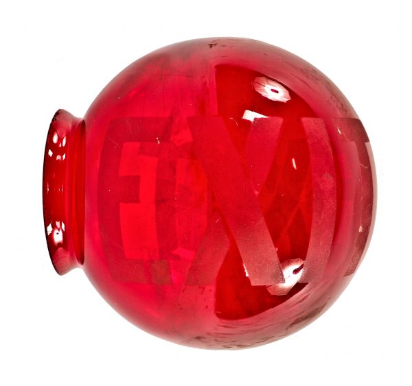 single all original and intact antique american ruby red art glass philadelphia hotel electric wall sconce exit sign globe with lightly etched double-sided lettering 