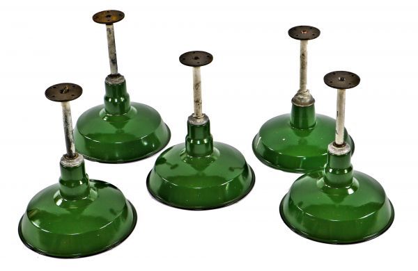 original early 20th century antique american industrial salvaged chicago crane brothers factory building basement green porcelain enameled pendant light fixtures with cast iron flanges