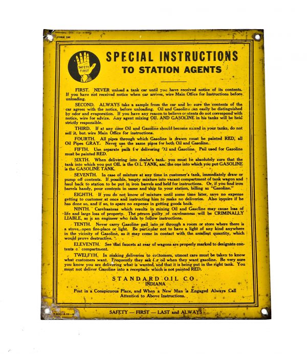 original depression-era antique american industrial salvaged chicago "special instructions" safety first sign with brightly colored yellow enameled finish 