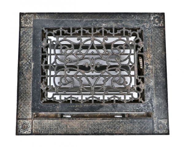 late 19th or early 20th century antique american ornamental cast iron fully adjustable louvered residential floor register or louvered grate with surround