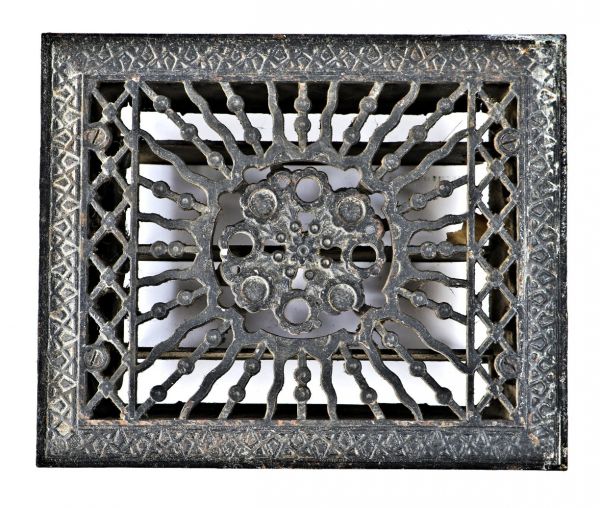late 19th or early 20th century ornamental antique american "flamboyant" pattern interior residential salvaged chicago cast iron grille or register with centrally located handle