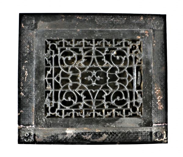 one of several original 19th century salvaged chicago ornamental cast iron fully functional floor registers with matching iron surround and black enameled finish 