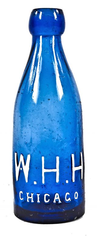 rare and all original c. 1865-75 cobalt blue glass blobtop soda bottle manufactured for chicago bottling giant william henry hutchinson