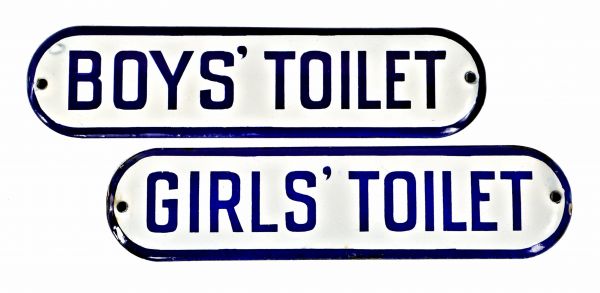 matching set of new old stock burdick company crane prep school single-sided lavatory toilet signs with richly colored cobalt lettering and border