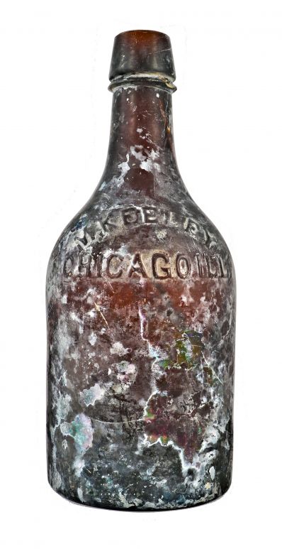 single rare and all original antique late 1850's century privy dug quart size amber colored glass ale bottle fabricated for michael keeley in chicago, il.