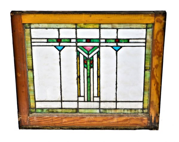 one of two matching c. 1900-1910 antique american "wrightesque" style stained glass salvaged chicago windows featuring chevron motifs