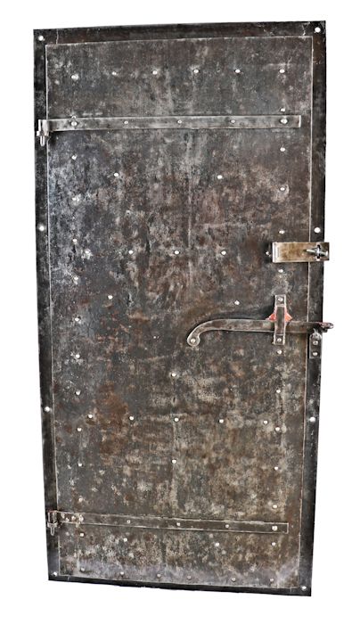 remarkable c. 1870's pre-fire chicago robust riveted joint wrought iron crane brothers factory interior safe vault door with matching surround and ornamental handle 