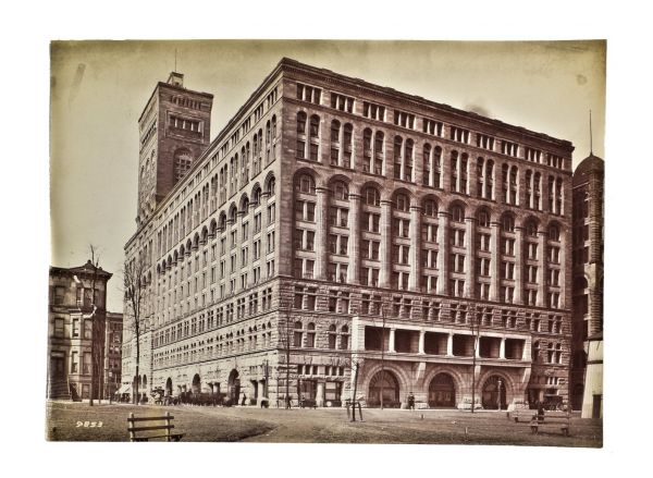 single hard to find and intact oversized antique late nineteenth century unmatted albumen print depicting the adler and sullivan-designed auditorium theater in chicago, il. 