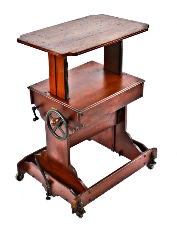 rare early 20th century all original and completely intact fully adjustable professional studio camera solid mahogany wood crank stand with cast iron wheel and locking lever
