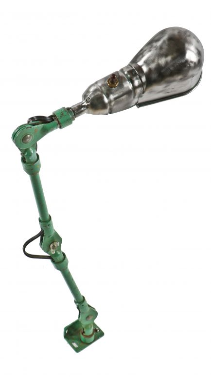 reinforced c. 1940's american vintage industrial triple-joint articulating arm "localite" factory machinist shop task lamp with brushed metal "slim helmet" shade or reflector 