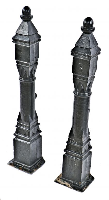 set of original 19th century salvaged chicago exterior black enameled ornamental cast iron residential newel posts with pyramidal-shaped tops containing acorn finials 
