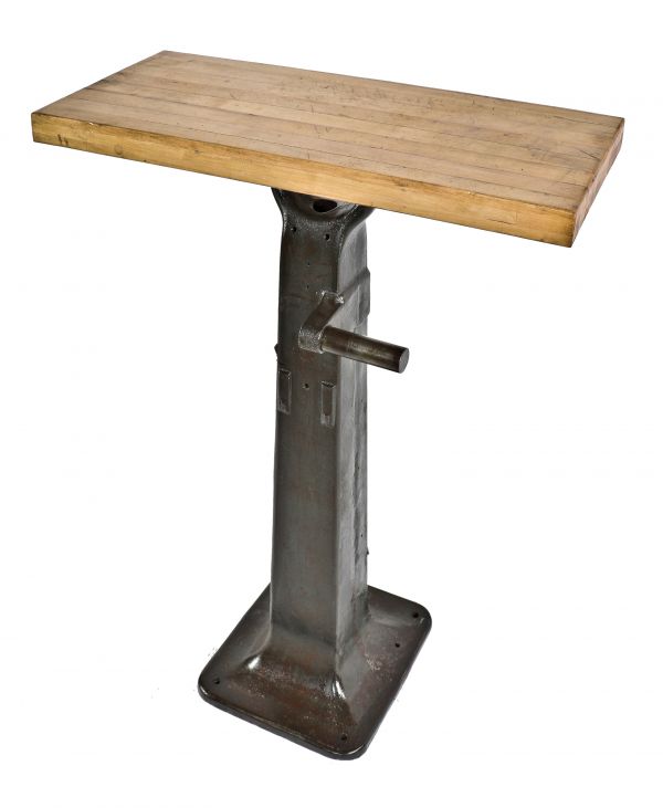 unusual repurposed antique american industrial chicago factory machine shop pedestal type cast iron base with newly-added solid maple wood top