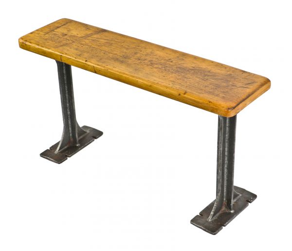 original late 1930's american industrial low-lying stationary "pollard brothers" cast iron and maple wood refinshed a. finkl & sons foundry locker room bench