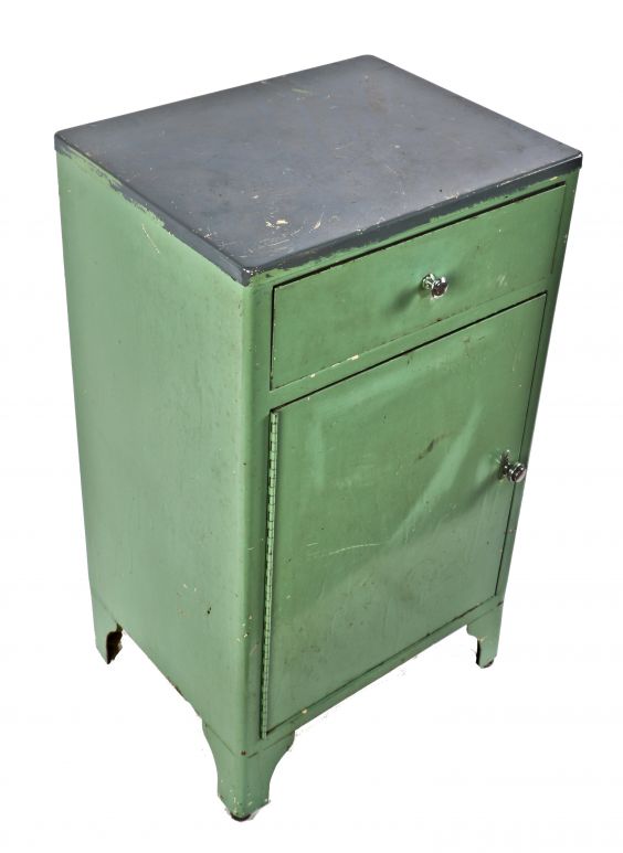 late 1930's original mint green enameled stationary antique american medical hospital operating room supply cabinet with single drawer and hinged cabinet door