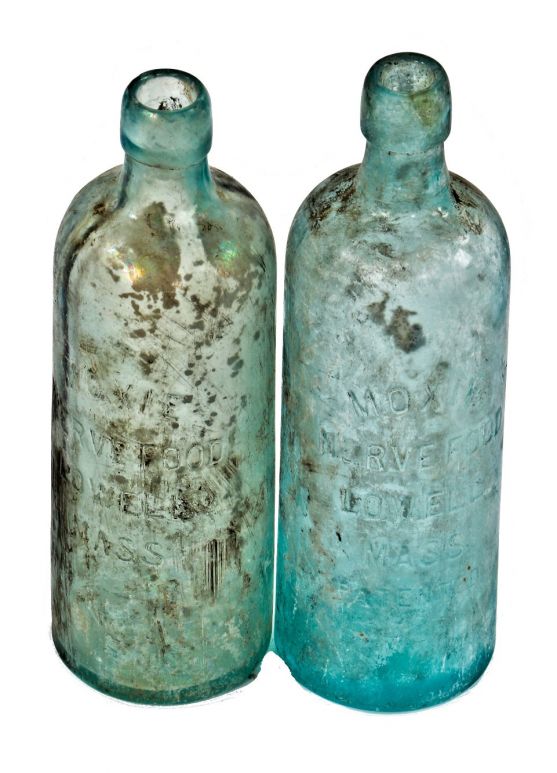 two original 19th century antique american privy dug oversized unearthed chicago tall aqua cylindrical medicinal "moxie" beverage bottles with applied tops