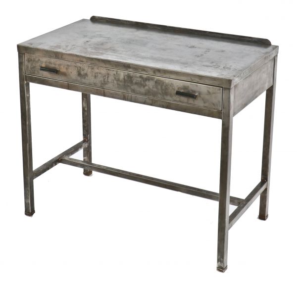 refinished 1930's american industrial brushed metal simmons single-drawer hotel room writing desk with original cylindrical-shaped drawer pulls or handles
