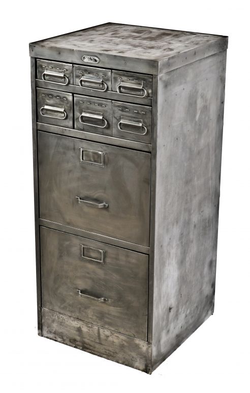 refinished c. 1940's american industrial pressed and folded steel heavily compartmentalized freestanding factory office filing cabinet with original intact drawer pulls