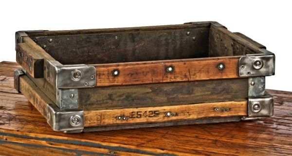original and intact robust antique american industrial hardwood stackable tote or storage bin with heavy gauge steel corner guards 
