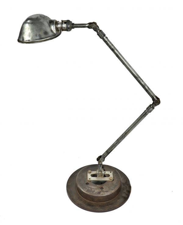 repurposed american depression era industrial brushed steel triple-jointed tubular arm articulating task table lamp with original patented socket and parabolic shade