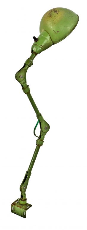 all original c. 1940's american industrial fully functional "factory green" enameled pressed and folded steel factory machine shop articulating arm task lamp with parabolic shade
