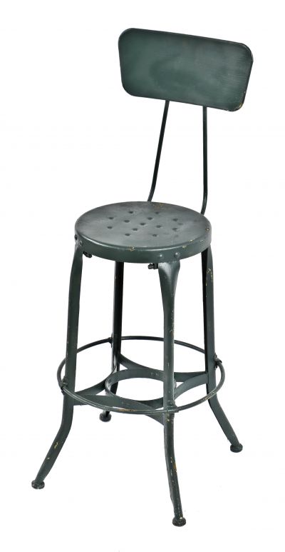 single depression-era antique american industrial green painted factory machine pressed and folded steel "uhl art steel" stool with perforated seat and backrest 