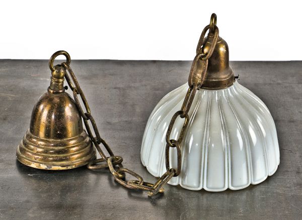 intact and all original reliance building interior utility closet ceiling pendant light fixture with heave pressed glass fluted dome-shaped shade