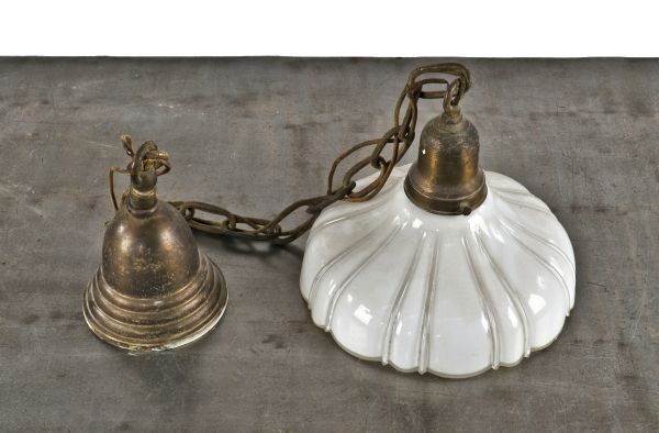single original and intact antique american industrial utility closet electric pendant light fixture with fluted white opalescent glass shade 