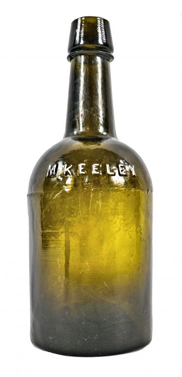 exceptionally rare all original olive green color c. 1860 pre-civil war unearthed chicago michael keeley ale bottle with smooth base and sloping and tapered lip with single ring