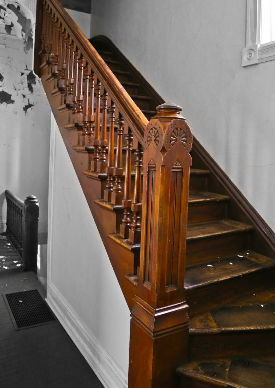 original and intact c. 1880's antique american salvaged chicago interior residential varnished oak wood eastlake style staircase with fanciful spindles