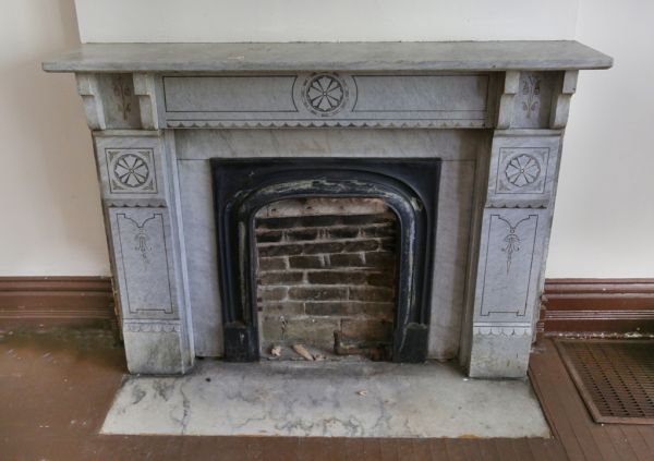original and amazingly intact 1880's antique american eastlake style tennessee marble fireplace mantel salvaged from a chicago residence undergoing demolition 