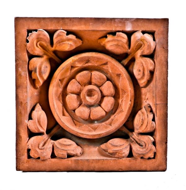 original and intact c. 1885 oversized salvaged chicago ornamental red slip glaze exterior german meeting hall terra cotta panel with with centrally located floral rosette