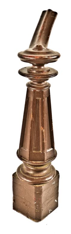original c. 1874 solid walnut wood interior residential salvaged chicago multi-faceted staircase newel post with deeply recessed panel and flat circular-shaped top 