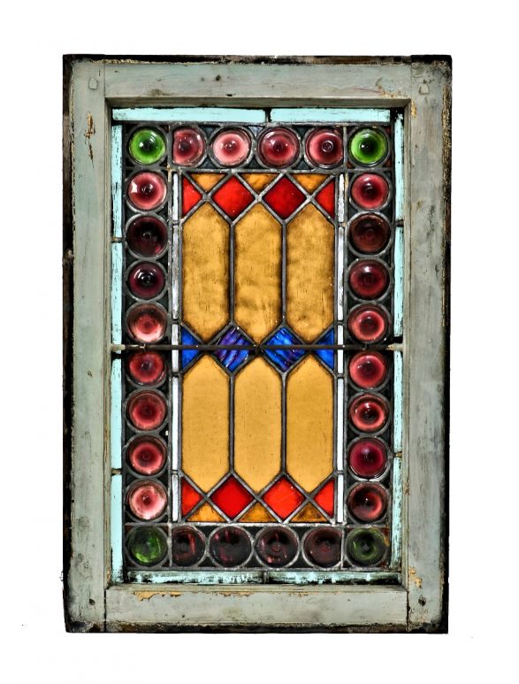 original c. 1880's antique american salvaged chicago interior residential stained glass window with richly colored pontiled rondels and intact wood window sash frame